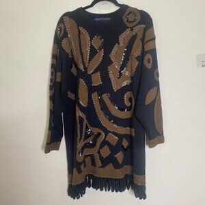 Vintage I.B. Diffusion Sweater Dress Womens L Ramie Cotton knit Sequin Fringe